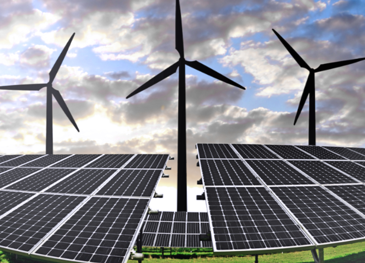 Image of solar panels and wind turbines.